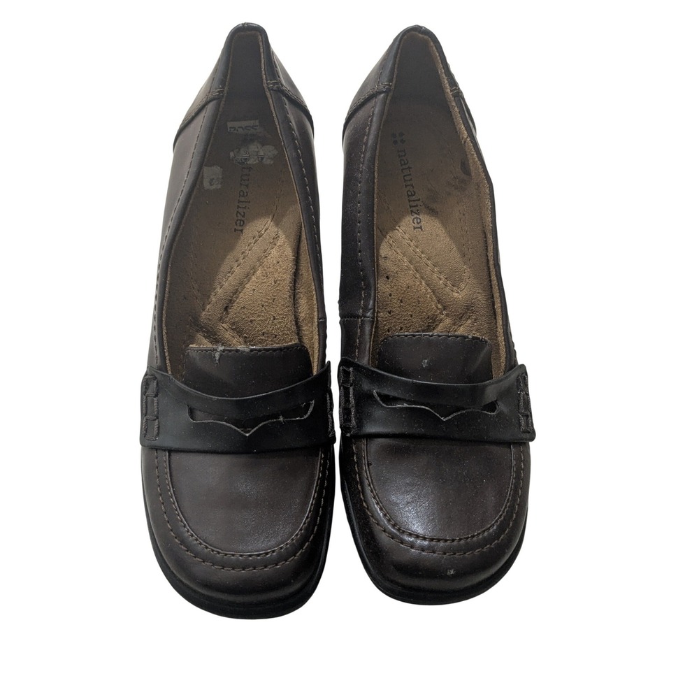Naturalizer Womens 7M‎ Dark Brown Leather Penny Loafer Block Heels Pumps
